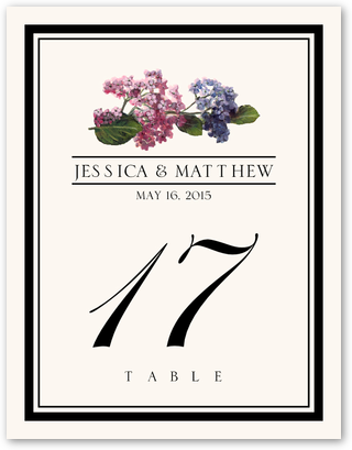 Hydrangea Sprig (pink and blue) Flower Assortment Wedding Table Number
